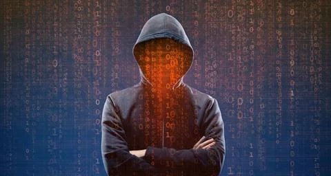Hacker over Abstract Digital Background with Elements of Binary Code and Stock Photos