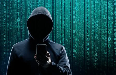 Hacker over Abstract Digital Background with Elements of Binary Code and Stock Photos