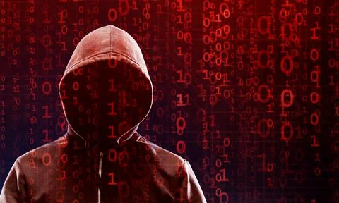 Hacker over Abstract Digital Background with Elements of Binary Code and Stock Photos