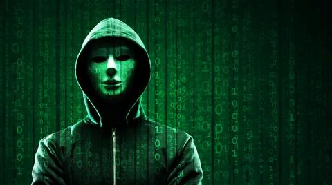 Hacker over Abstract Digital Background with Elements of Binary Code and Stock Photos