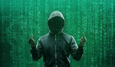 Hacker over Abstract Digital Background with Elements of Binary Code and Stock Photos