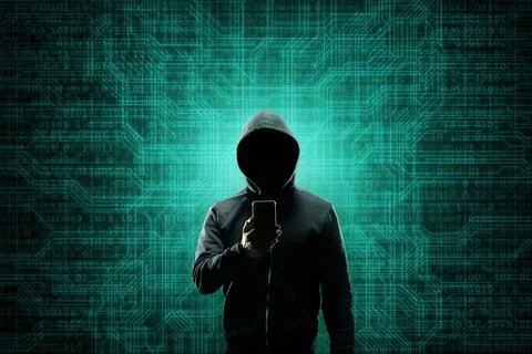 Hacker over Abstract Digital Background with Elements of Binary Code and Stock Photos