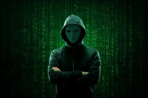 Hacker over Abstract Digital Background with Elements of Binary Code and Stock Photos