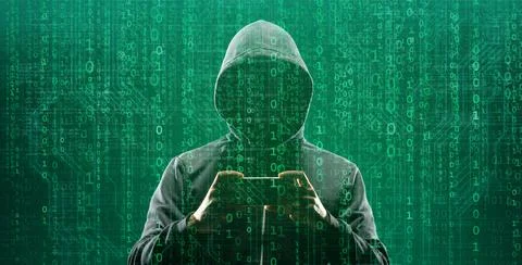 Hacker over Abstract Digital Background with Elements of Binary Code and Stock Photos