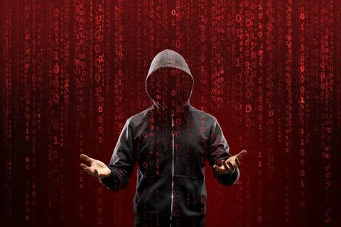 Hacker over Abstract Digital Background with Elements of Binary Code and Stock Photos