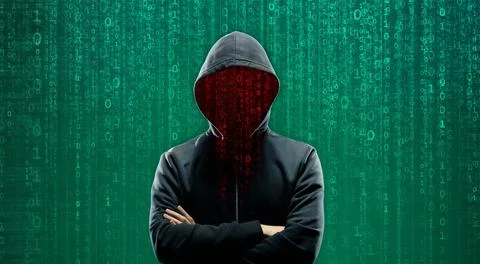 Hacker over Abstract Digital Background with Elements of Binary Code and Stock Photos