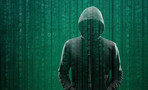 Hacker over Abstract Digital Background with Elements of Binary Code and Stock Photos