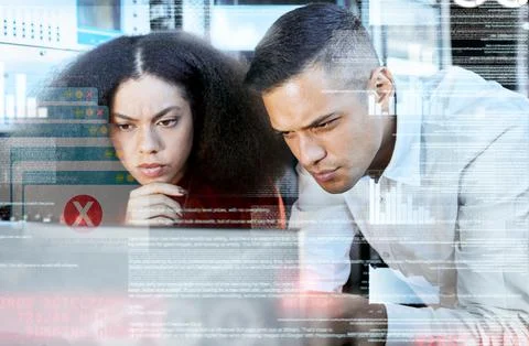 Hacker, overlay or programmer with futuristic data in server for cybersecurity Foto stock