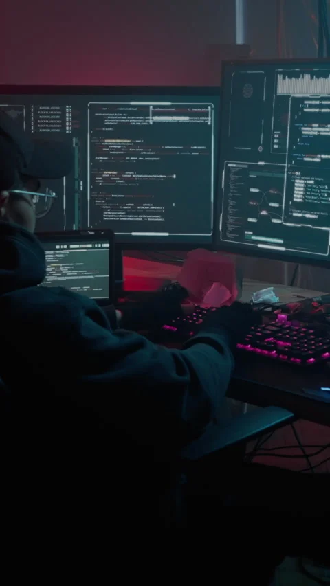 Hacker with pc committing crime during night at basement Stock Footage 314502744