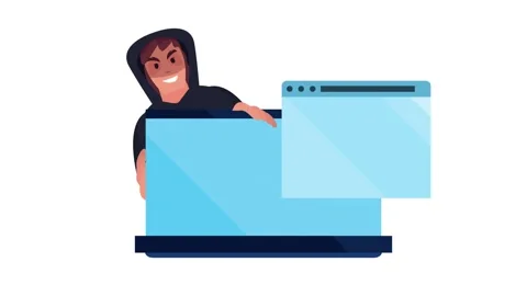 Hacker peeking behind laptop screen stealing private data in digital cyber .. Stock Footage 339070586