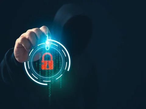 Hacker is pointing his finger at a binary code on a dark background. Concep.. 写真素材