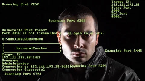 Hacker Portrait With Coding Around Him Looking at Camera Stock Footage 105292699