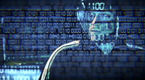 Hacker Portrait looking at binary code and trying to find the key Stock Footage 23469746