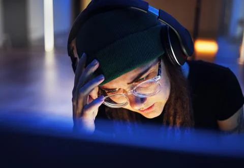 Hacker, problem and woman with a computer for cyber security, stress headache Stock Photos