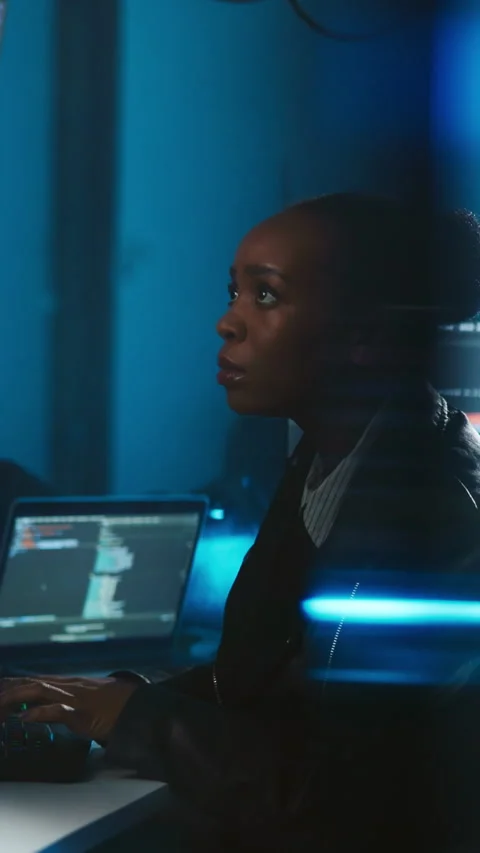 Hacker, programming and woman with computer screen in office, ransomware or Stock Footage 333673629