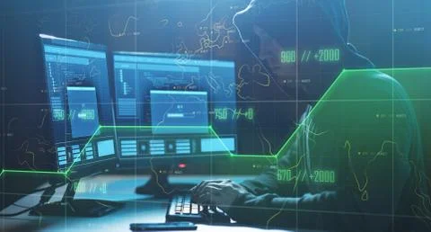 Hacker with progress loading bar on computers 写真素材