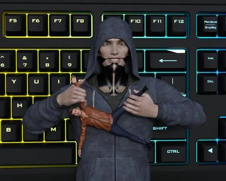 Hacker pulling apart his victim Stock Illustration
