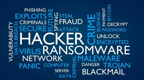 Hacker, ransomware word tag cloud. 3D rendering, blue variant 스톡 일러스트