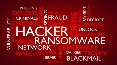 Hacker, ransomware word tag cloud. 3D rendering, red variant Stock Illustration
