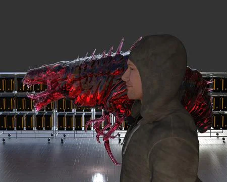 Hacker with Red Ransomware Beast Fanciful Image Stock Illustration