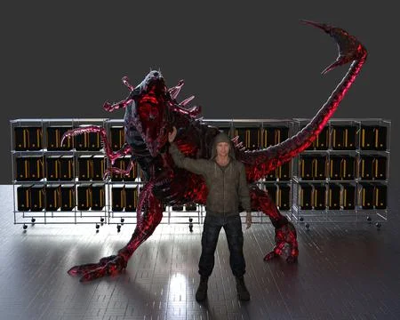 Hacker with Red Ransomware Beast Stock Illustration