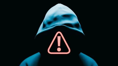 Hacker with red warning sign face. 3d rendering Illustrazione stock