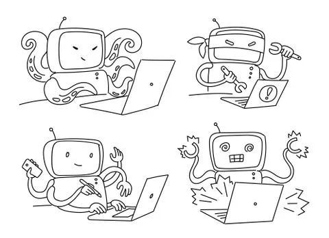 Hacker robot set 404 sketch. Hacking a computer. Stock Illustration
