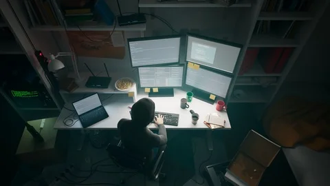 Hacker room. Digital attack. Data stealing using cyberspace. Network crime. 4K Vidéo 126289045