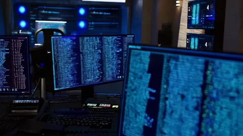Hacker room setup with multiple monitors Stock Footage 313171748