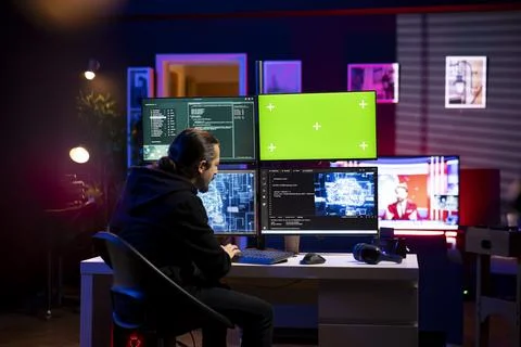 Hacker runs neural network program on green screen mockup PC to breach security 스톡 사진