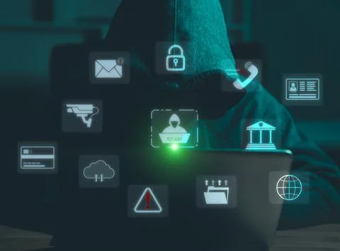 Hacker, Scam alert warning with cybersecurity icons. Businessman being dece.. 스톡 사진