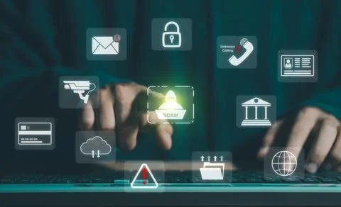 Hacker, Scam alert warning with cybersecurity icons. Businessman being dece.. 스톡 사진