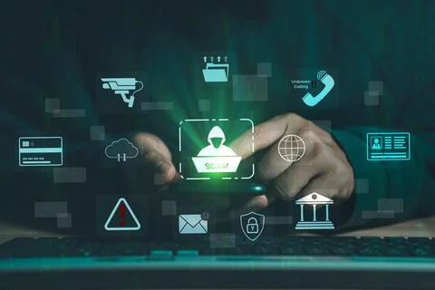 Hacker, Scam alert warning with cybersecurity icons. Businessman being dece.. 스톡 사진