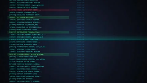 Hacker screen with code and progress bars, digital data stream, tech backgrou Stock Footage 348412131