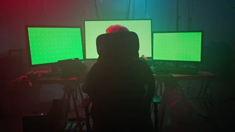 Hacker scrutinizing coding intricacies on green monitors Stock Footage 257814181