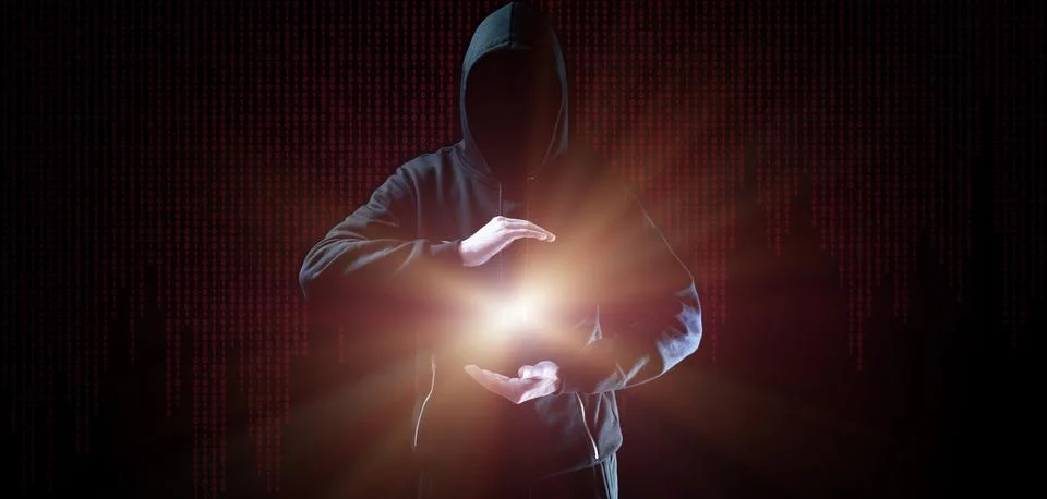 Hacker security cyber attack. Hacker man hand isolated on black. Blurred inte Stock Photos
