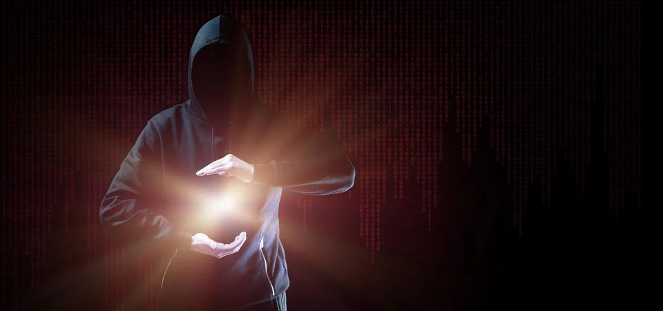 Hacker security cyber attack. Hacker man hand isolated on black. Blurred inte Stockfoto's