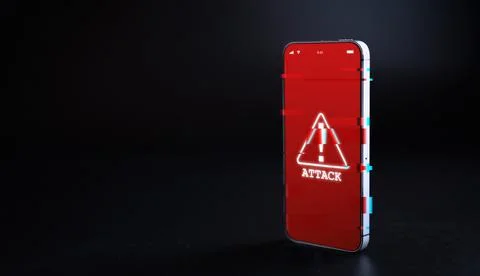 Hacker security cyber attack smartphone. Digital mobile phone isolated on bla Stock Photos