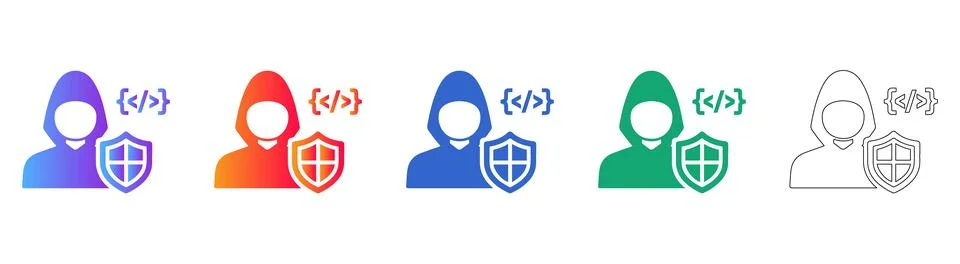 Hacker Security Icon Set with Code and Shield Protection Stock Illustration