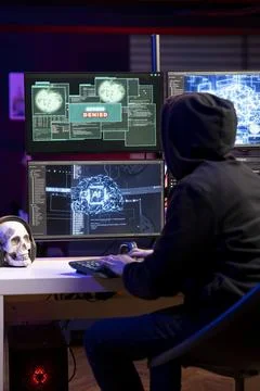 Hacker seeing access denied message on PC, trying to breach company systems Stock Photos