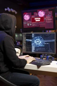 Hacker seeing critical error warning message while trying to steal data Stock Photos