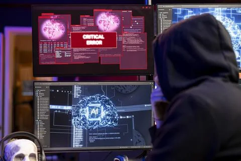 Hacker seeing critical error warning on computer when hacking firewalls Foto stock