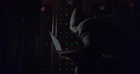 Hacker, server room and laptop for coding, data center crime and ransomware or 스톡 동영상 262199114