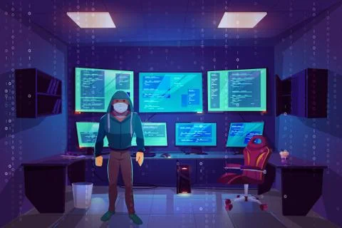 Hacker in server room, multiple computer monitors Stock Illustration