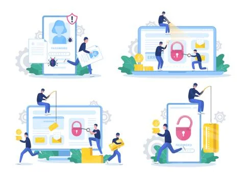 Hacker set. Thiefs attack computer and mobile phone イラスト素材