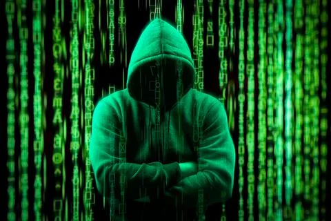 Hacker Silhouette on dark green binary background. Hacker on matrix digital b Stock Photos
