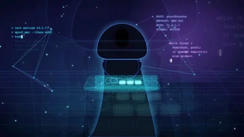 Hacker silhouette in dark room with digital code and futuristic data interface Stock Footage 341830030