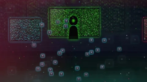 Hacker Silhouette Facing Green Digital Code Screens with Floating Data Keys Stock Footage 341454958