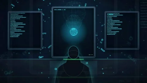 Hacker Silhouette Surrounded by Multiple Monitors with Cyber Attack Alert Stock Footage 341453228