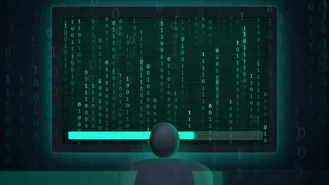 Hacker Silhouette Watching Binary Code Rain on Screen with Loading Progress Bar 動画素材 341455638